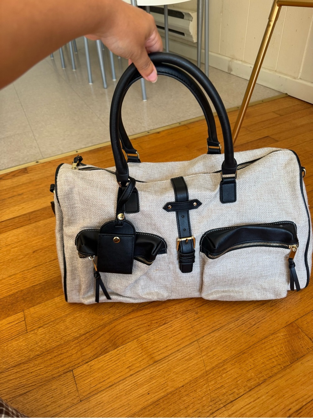 JustFab Beige Travel Duffel with Black Trim